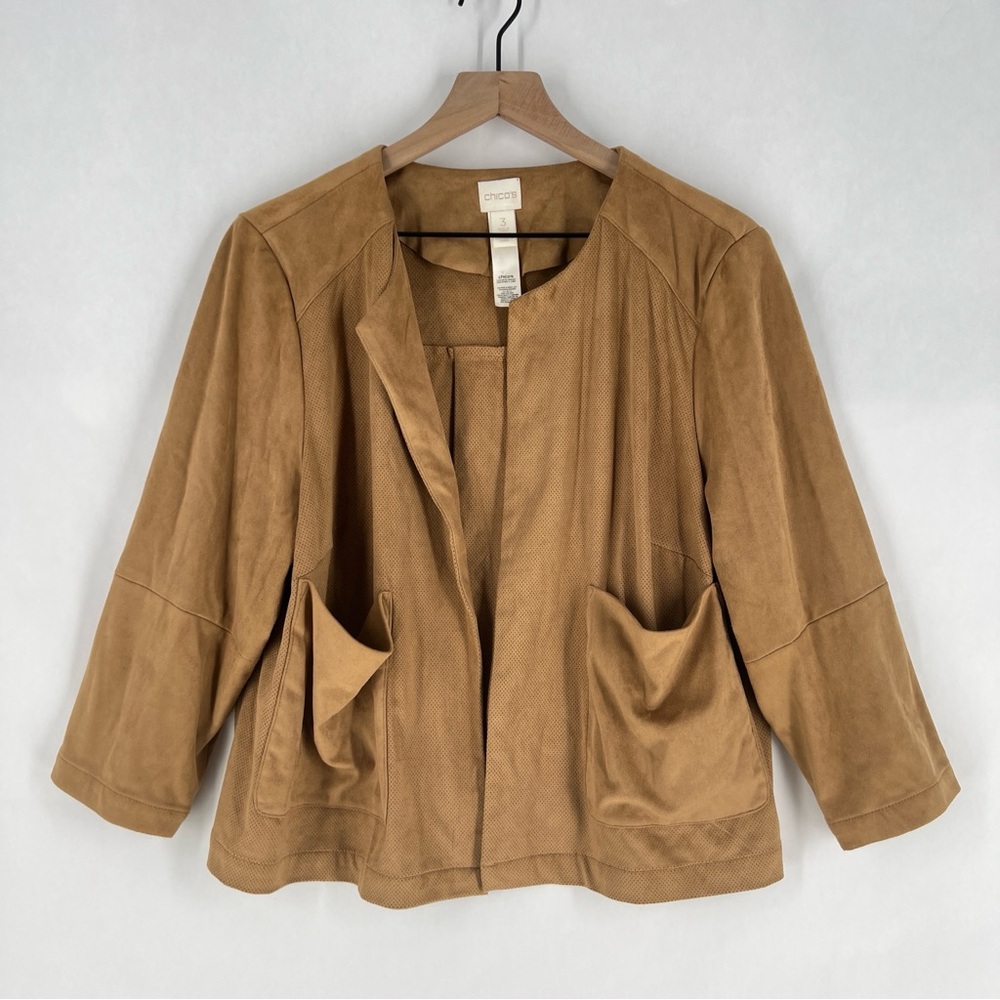 Chico's Perforated Faux Suede 3/4 Sleeve Patch Pocket Open Front‎ Cropped Jacket